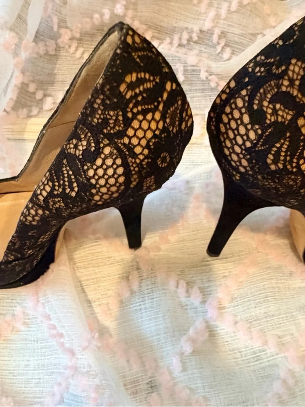 Fendi Black Lace Peep-Toe Pumps with Bow Accent